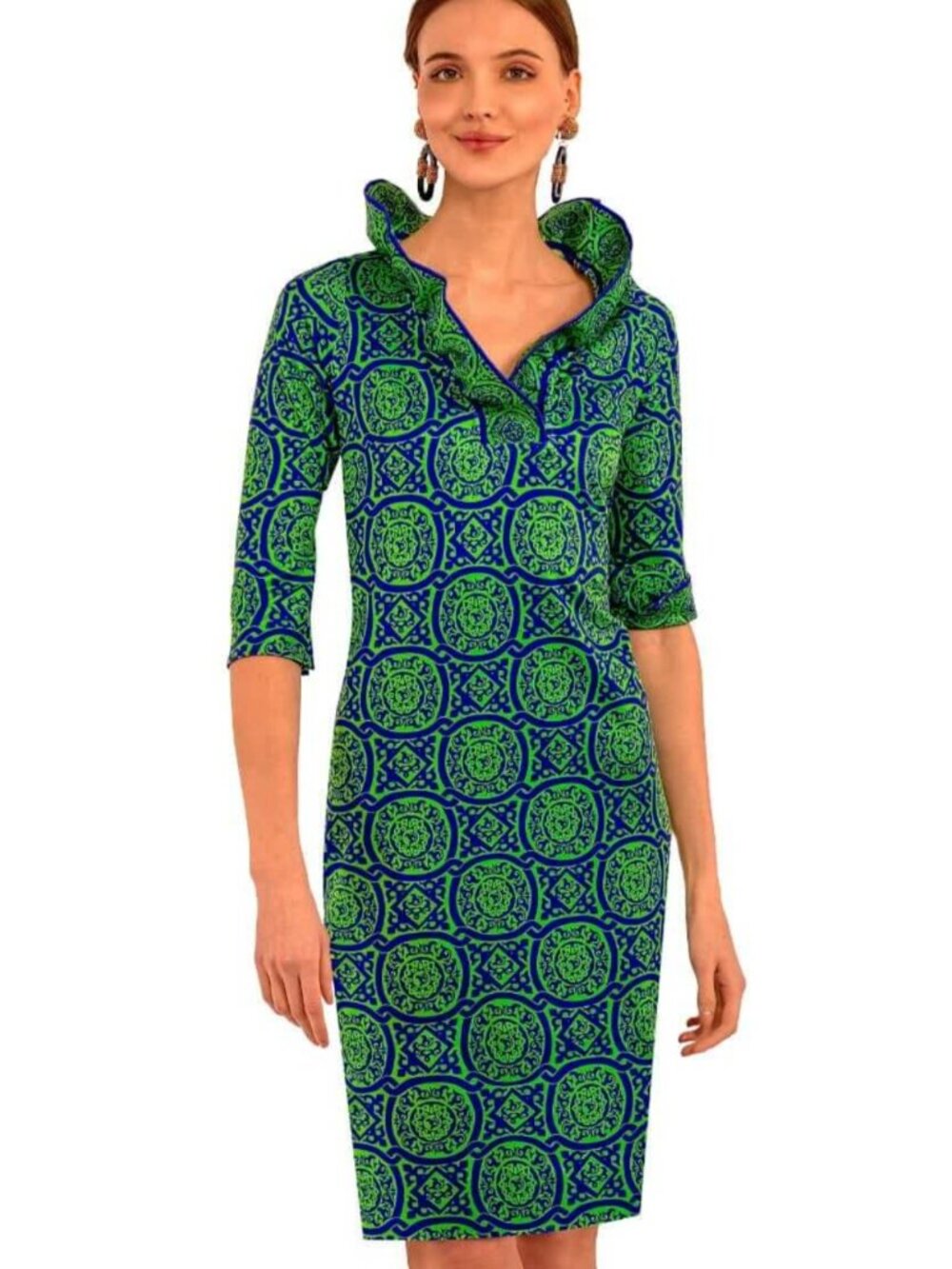 Ruffneck dress 3/4 sleeve royal blue Kelly green